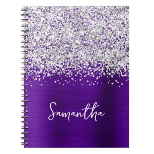 Cuaderno Nombre de guión de glamour índigo púrpura con bril
