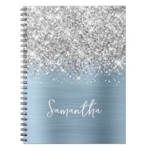 Cuaderno Nombre de guión glam azul polvoriento ligero brill