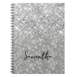 Cuaderno Nombre de guión Glam Diamante Brillo Plateado