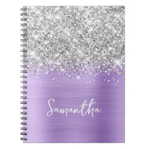 Cuaderno Nombre de guión glam lavanda brillo plateado