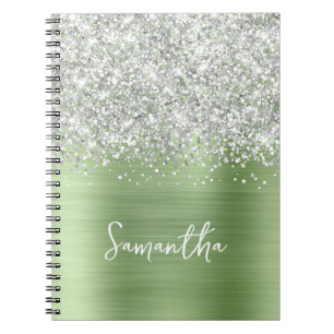 Cuaderno Nombre de guión glamour menta brillo plateado