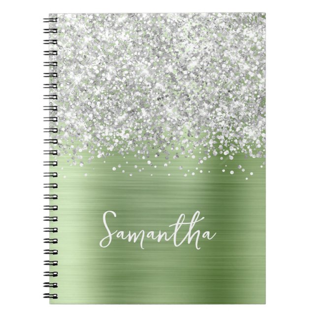 Cuaderno Nombre de guión glamour menta brillo plateado (Frente)