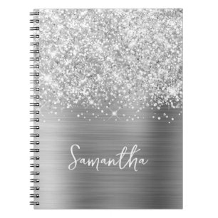Cuaderno Nombre de guión glamuroso plateado brillante