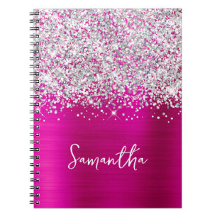 Cuaderno Nombre de guión glamuroso plateado brillante y ros