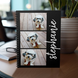 Cuaderno Nombre de guión moderno en blanco y negro con 3 fo