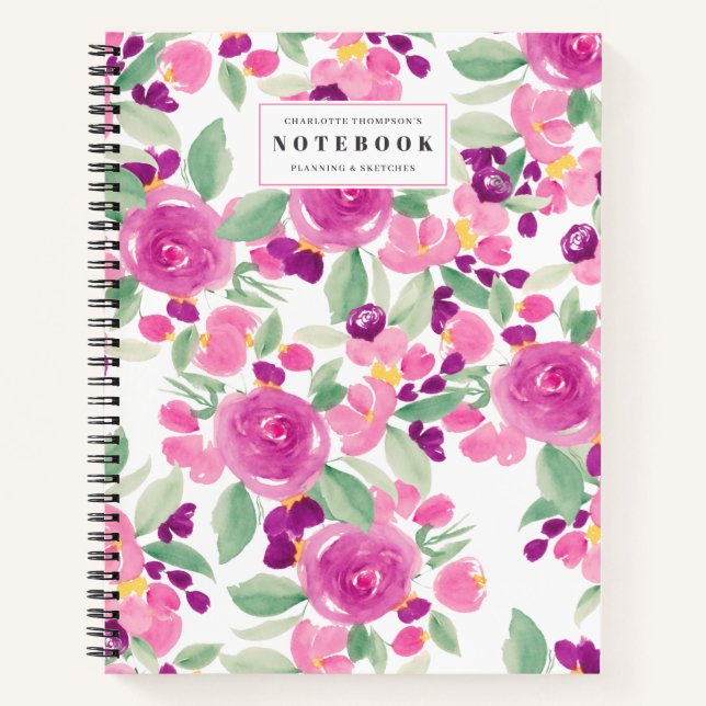 Cuaderno Nombre de la acuarela floral de la moda ondulada d (Anverso)