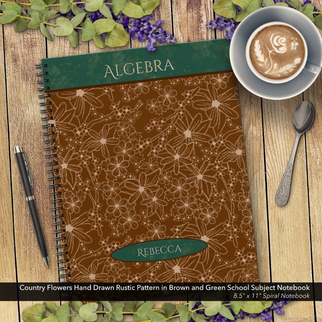Cuaderno Nombre de la asignatura de la escuela verde marrón (Country Flowers Rustic Pattern in Brown and Green School Notebook: Personalize Name & Class Subject)