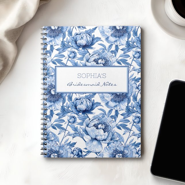 Cuaderno Nombre de la dama de honor azul personalizada Flor (Personalized Blue Bridesmaid Name Floral Flower Notebook)