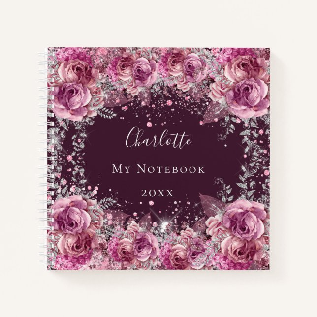 Cuaderno Nombre de las flores borgoñas rosas (Anverso)