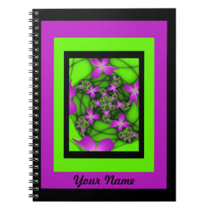 Cuaderno Nombre de las flores fractales verdes rosas abstra