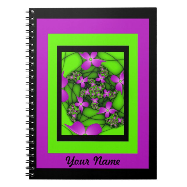 Cuaderno Nombre de las flores fractales verdes rosas abstra (Frente)