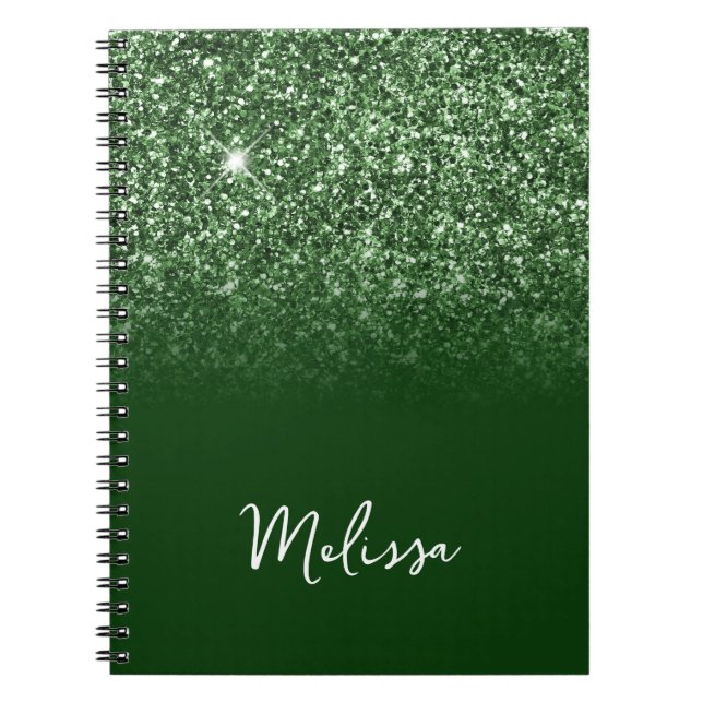 Cuaderno Nombre de letra cursiva con brillo verde esmeralda (Frente)