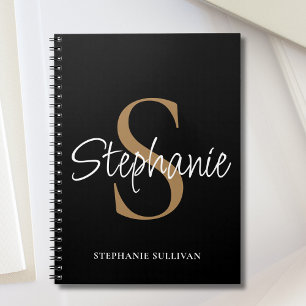 Cuaderno Nombre de letra elegante Monograma Negro Oro