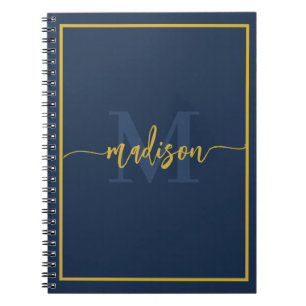 Cuaderno Nombre de lujo en guión Monograma Azul Marina Oro