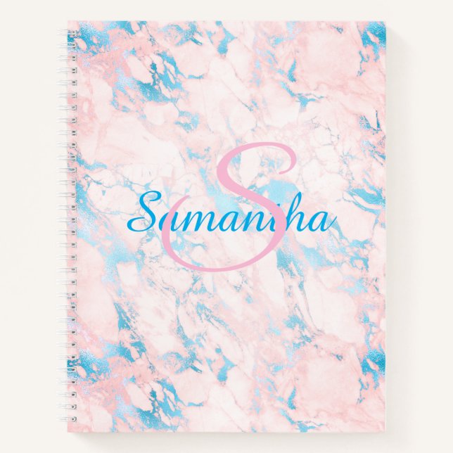 Cuaderno Nombre de mármol azul rosa de bonito personalizado (Anverso)