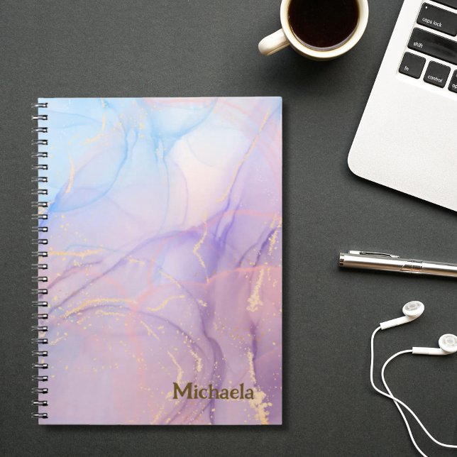 Cuaderno Nombre de mármol con brillo dorado rosa azul  (Pink Blue Gold Glitter Marble Name Notebook)