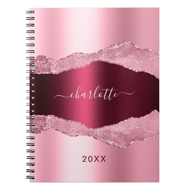 Cuaderno Nombre de mármol rosa de agre burdeos (Frente)