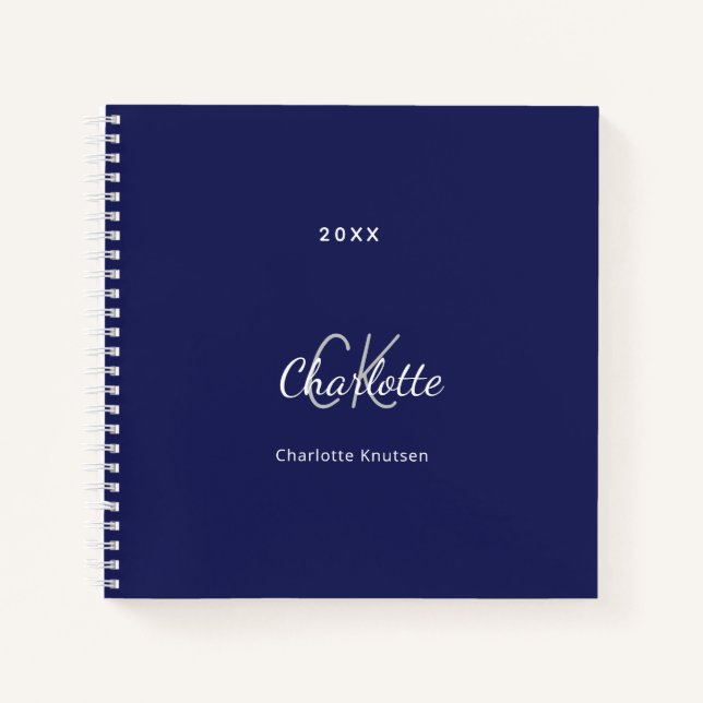 Cuaderno Nombre de monograma blanco azul marino minimalista (Anverso)