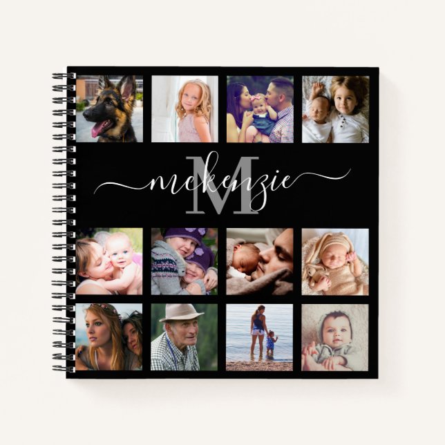 Cuaderno Nombre de monograma de Collage de fotos negro (Anverso)