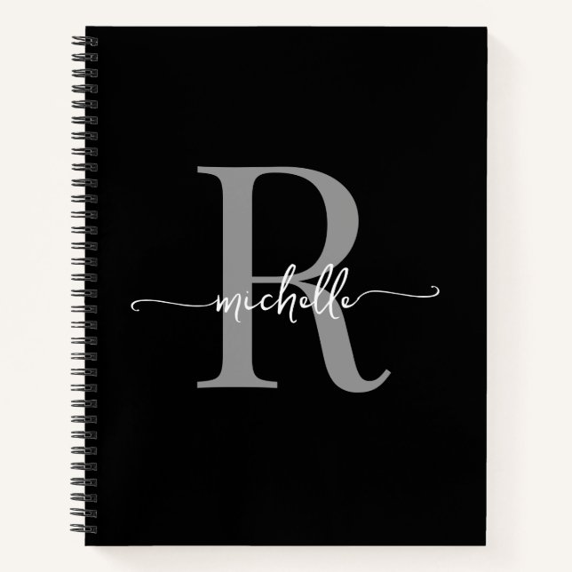 Cuaderno Nombre de monograma de escritura gris negra modern (Anverso)
