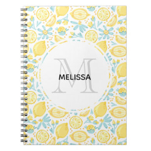 Cuaderno Nombre de monograma de flores azules amarillas y a