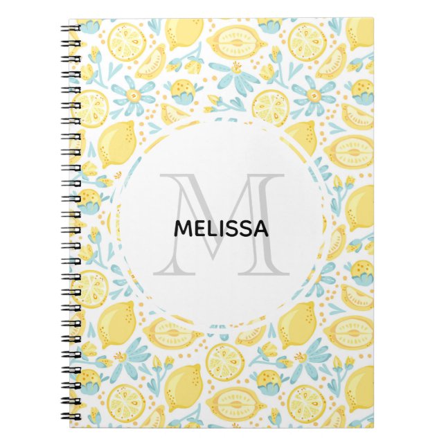 Cuaderno Nombre de monograma de flores azules amarillas y a (Frente)