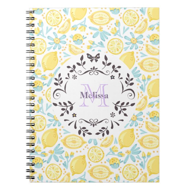 Cuaderno Nombre de monograma de flores azules amarillas y a (Frente)