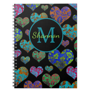 Cuaderno Nombre de monograma de patrón de corazón floral 