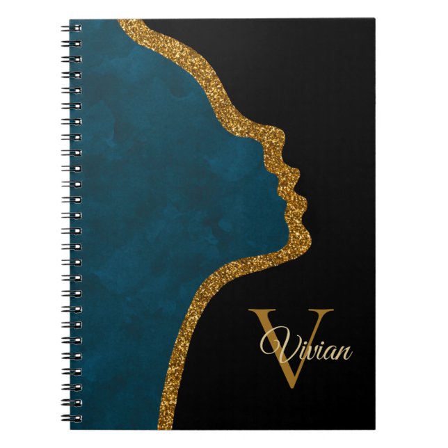 Cuaderno Nombre de Monograma de Purpurina Negro Y Oro (Frente)