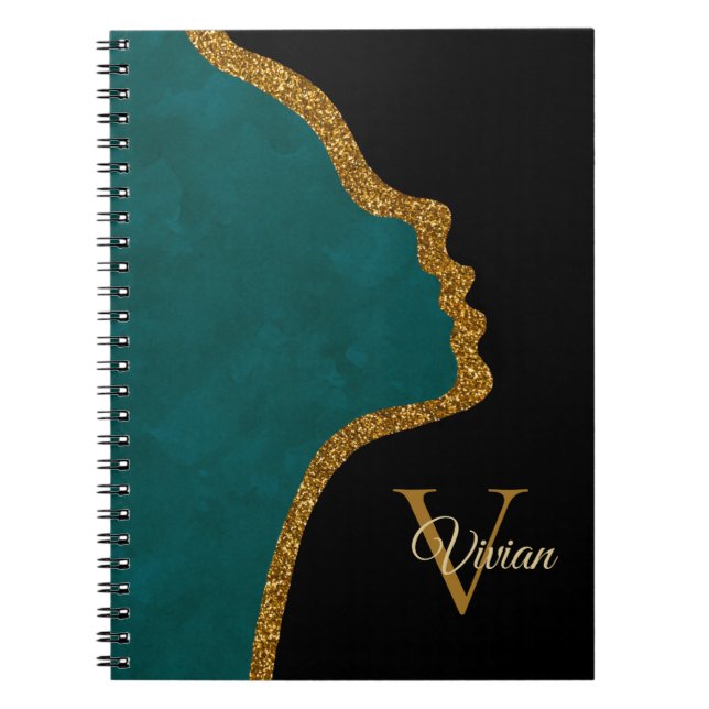 Cuaderno Nombre de Monograma de Purpurina Negro Y Oro (Frente)