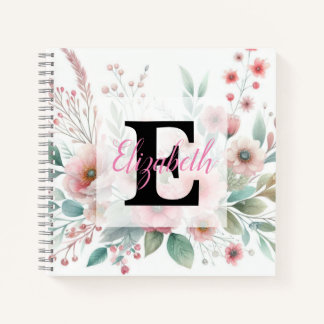 Cuaderno Nombre de monograma en acuarela Flores en pasteles