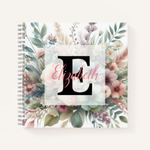 Cuaderno Nombre de monograma en acuarela Flores en pasteles