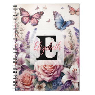Cuaderno Nombre de monograma en flores de acuarela vintage 