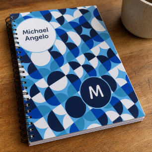 Cuaderno Nombre de monograma geométrico azul personalizado