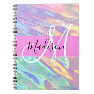 Cuaderno Nombre de monograma holográfico iridiscente rosa f