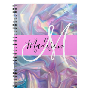 Cuaderno Nombre de monograma holográfico iridiscente rosa f