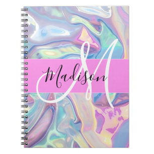 Cuaderno Nombre de monograma holográfico iridiscente rosa f