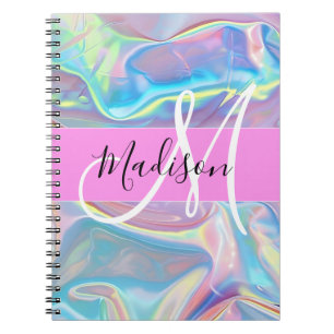 Cuaderno Nombre de monograma holográfico iridiscente rosa f
