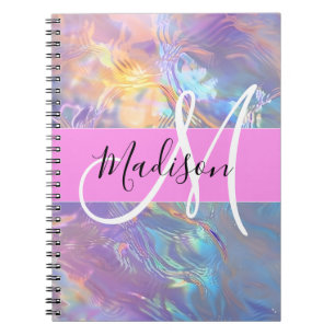 Cuaderno Nombre de monograma holográfico iridiscente rosa f