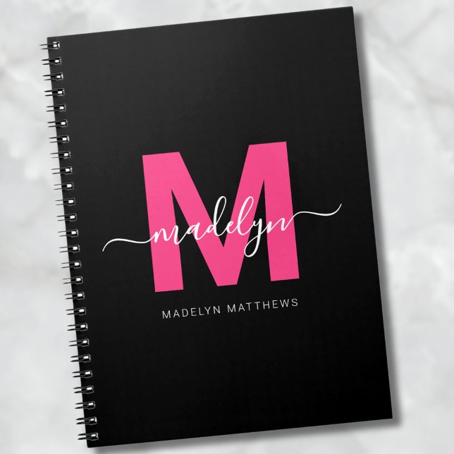 Cuaderno Nombre de Monograma Inicial Rosa Fucsia de Chica (Girly Black Hot Pink Initial Monogram Name notebook)