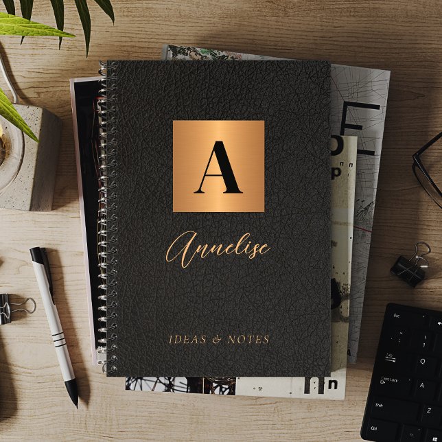 Cuaderno Nombre de monograma personalizado de oro negro (Subido por el creador)