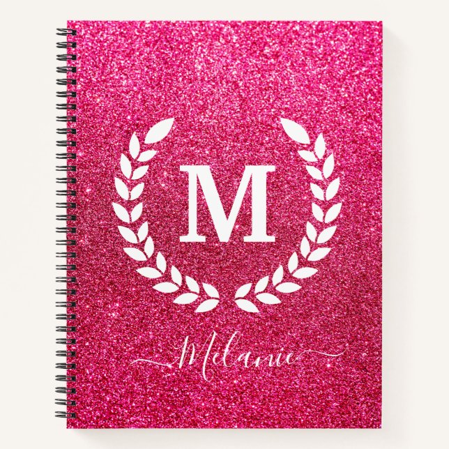 Cuaderno Nombre de monograma Purpurina rosa personalizado (Anverso)