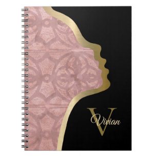 Cuaderno Nombre de Monograma Rosa Negro Y Dorado
