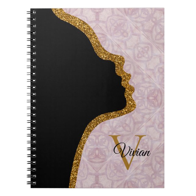 Cuaderno Nombre De Monograma Rosa Y Oro Purpurina Face (Frente)