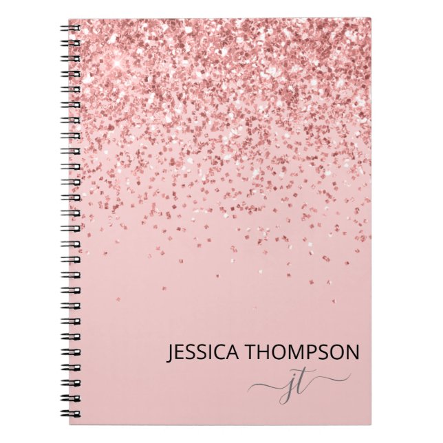 Cuaderno Nombre de monograma simple de purpurina Rubor rosa (Frente)