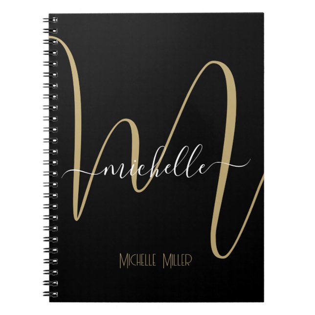 Cuaderno nombre de negocio inicial del monólogo de oro negr (Frente)