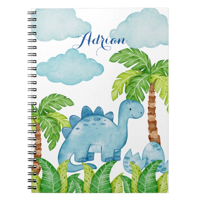 Cuaderno Nombre de niño personalizado de dinosaurio azul (Frente)