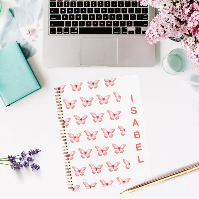 Cuaderno Nombre de oro del rosa de melocotones de mariposas (Subido por el creador)