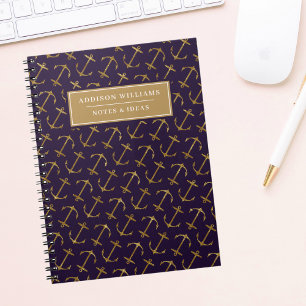 Cuaderno Nombre de patrón de ancla de oro púrpura personali