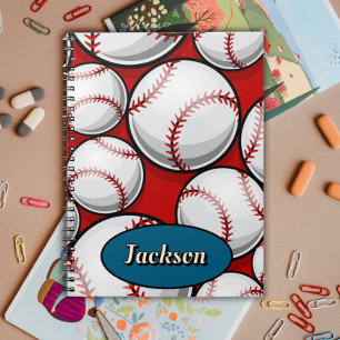 Cuaderno nombre de patrón de béisbol rojo y azul